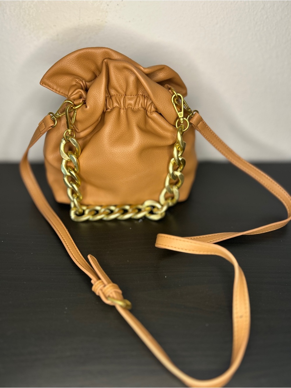 Street Level Tan Mini Drawstring Bucket Bag with Gold Chain